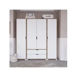 Midoser Mat Beyaz - Keçe (Açık Ceviz) 4 Kapılı 2 Çekmeceli Elbise Dolabı - Gardırop