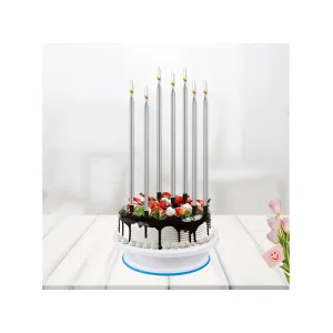 İnce Uzun Altlıklı Pasta Mumu, 20 cm x 6 Adet - Gümüş