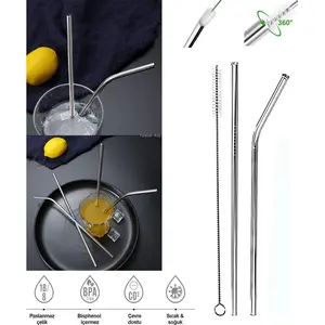 Paslanmaz Çelik 3 Parça Metal Pipet Seti + Temizleme Fırçası Meşrubat Pipeti