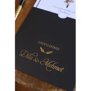 Siyah Düğün Davetiyesi - Altın Yaldız - 2024 Yeni Model Düğün-Nişan-Kına-Nikah-Sünnet Davetıye-7si