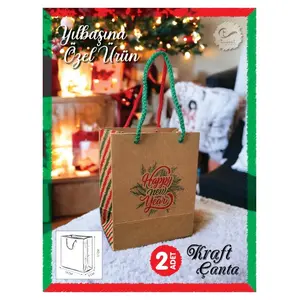 Kraft Karton Çanta Yılbaşı Desenli Hediye Paketi Çanta Poşet 2'li 14*17*8cm  Happy New Year BASKILI-T876