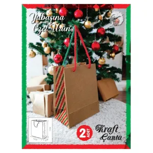 Kraft Karton Çanta Yılbaşı Desenli Hediye Paketi Çanta Poşet 2'li 14*17*8CM-T877