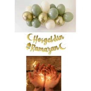 Hoşgeldin Ramazan Gold Yazı- Yıldız LED ve Balon Set, Ramazan Ayı Süsleme Seti