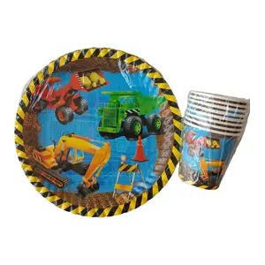 Inşaat Makineleri Temalı Doğum Günü 16 Adet Karton Tabak + 16 Adet Karton Bardak Seti