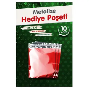 Yapışkanlı Metalize Hediye Paketi Poşeti 12X17CM Kırmızı 10 Adet  Yeni Yıl Yılbaşı Hediye Paketi -T1085