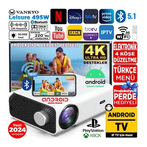 Leisure 495W Android 4K Destekli 5g Wi-Fi + Bluetooth LCD LED Projeksiyon Cihazı - 220 Inç Yansıtma -Dolby Audio Hoparlör