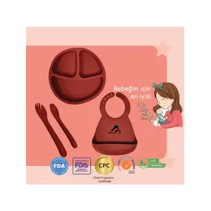 Momia Bebek " Silikon Beslenme Mama Seti - Sağlıklı ve Renkli!" set 6 - bebek mama tabağı , bebek mama önlüğü , bebek kaşık çatal