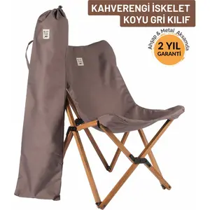 Ahşap Katlanır Kamp & Bahçe Sandalyesi – Kahverengi Iskelet - Koyu Gri Kılıf