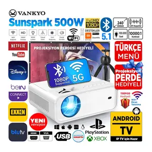 Sunspark 500W Android TV 1080P Destekli Projeksiyon Cihazı 5G Wi-Fi + 5.1 Bluetooth - LCD LED - 240 Inç Yansıtma-Dahili Hoparlör-PS5/XBOX/HDMI/USB/VGA/AV