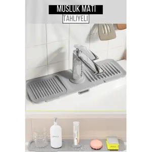 Elastik Musluk Matı Su Tutucu Düzenleyici Kaydırmaz Taban Organizer Mutfak Banyo Lavabo Gri