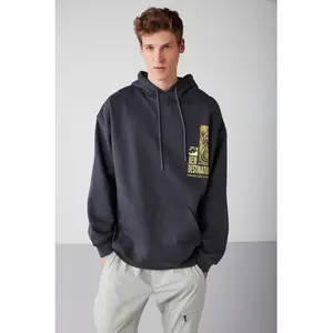 Process Erkek Içi Polarlı Poster Baskılı Kapüşonlu Kordonlu Antrasit Sweatshirt