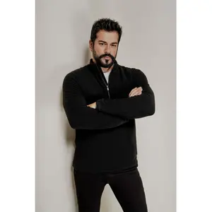 Erkek Siyah Anti-pilling Tüylenme Yapmayan Standart Fit Dik Yaka Soğuk Geçirmez Polar Sweatshirt