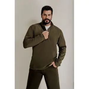 Erkek Haki Anti-pilling Tüylenme Yapmayan Standart Fit Dik Yaka Soğuk Geçirmez Polar Sweatshirt