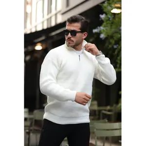 Oversize Selanik Örgü Yarım Fermuar Erkek Triko Kazak - Ekru