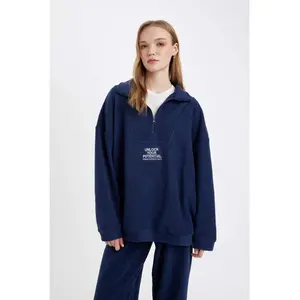 Oversize Geniş Kalıp Fermuarlı Dik Yaka Nakışlı Polar Sweatshirt Y2649AZ24WN
