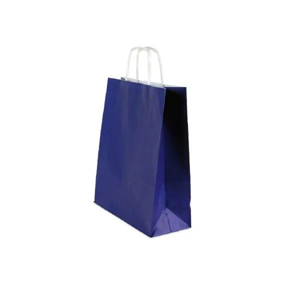 Beyaz Kraft Kağıt Burgu Sap Çanta Koyu Mavi 18x24x9 Cm 50'Li