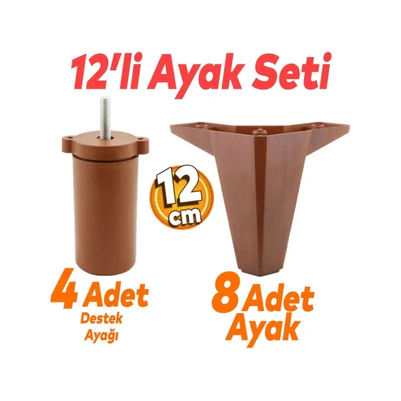 Badem10 Sedir 12'li Set Mobilya Koltuk Kanepe Baza Tv Ünitesi Çekyat Destek Ayağı 12 Cm Kahverengi Ayakları
