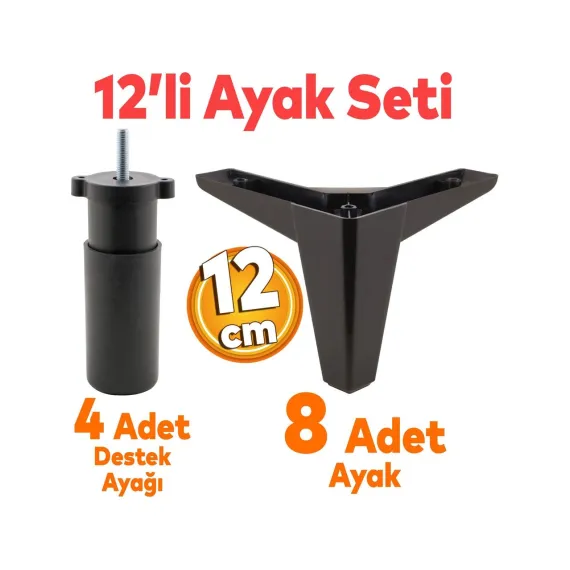 Badem10 Sedir 12'li Set Mobilya Tv Ünitesi Çekyat Koltuk Kanepe Destek Ayağı 12 Cm Siyah Baza Ayakları