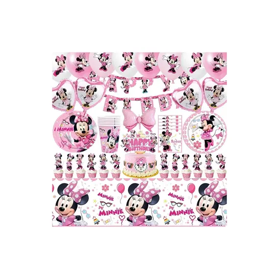 Ganbao 25 Adet Saman Minnie Mouse Parti Malzemeleri Çocuk Kız Bebek Banyo Doğum Günü Partisi Dekorasyon Için Banner Masa Örtüsü Bardak Tabakları ile 8 Misafir Hizmet Vermektedir 