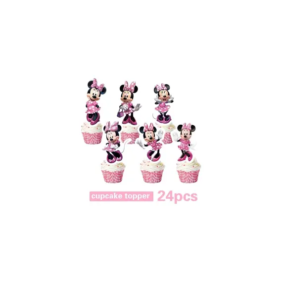 Ganbao 24 Adet Topper Minnie Mouse Parti Malzemeleri Çocuk Kız Bebek Banyo Doğum Günü Partisi Dekorasyon Için Banner Masa Örtüsü Bardak Tabakları ile 8 Misafir Hizmet Vermektedir 