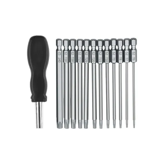 Sunshinee 13 Adet 100MM Torx Uzun Tornavida Uçları Seti, Manyetik Torx Bit Seti T6-T40, 1/4 Inç Hex Shank Elektrikli Tornavida Araçları 