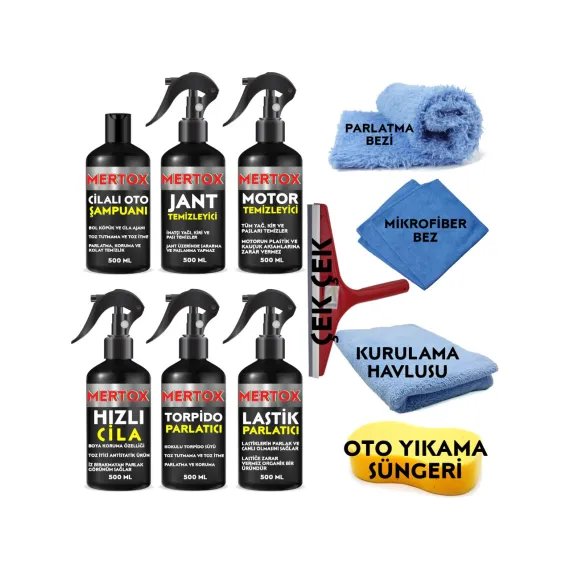 Mertox Otomobil Araç Araba Oto Temizlik ve Bakım Seti Oto Şampuanı+Jant-Motor Temizleyici+Hızlı Cila+Torpido+Lastik Parlatıcı 6X500ML