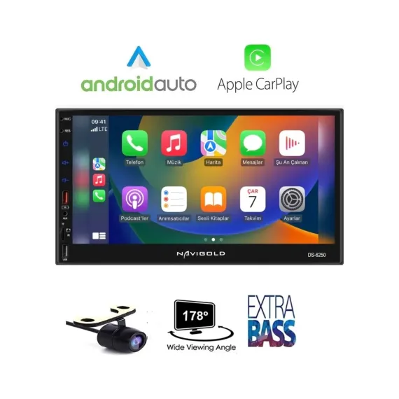 Navigold DS-6250 Uyumlu Car Play Özellikli Teyp Multimedya Ful Hd 7'' Inch Bluetooth- Çift USB 4X55W +Kamera