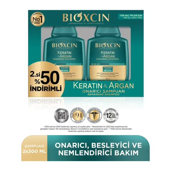 Bioxcin Keratin & Argan Onarıcı Şampuan 300 ml - Yıpranmış ve Hasar Görmüş Saçlar 2 Li Avantaj Seti