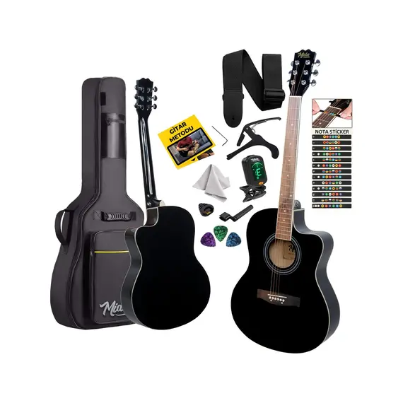 Midex XC-200BK Kesik Kasa Siyah Akustik Gitar 4/4 Yetişkin Üst Segment (Gigbag Çanta Tuner Capo Askı Pena)