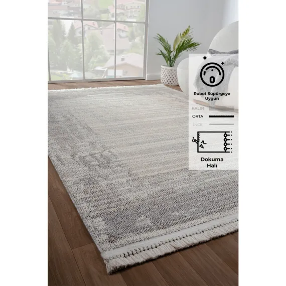  Konfor Bastia 1277 Krem Gri Yumuşak Örgü Modern Dokuma Bukle Halı80x150
