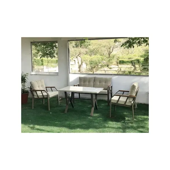  NERGİZ KAPİÇİNO METAL 2 1 1 MERMER MASA BAHÇE BALKON MUTFAK MOBİLYASI,KREM
