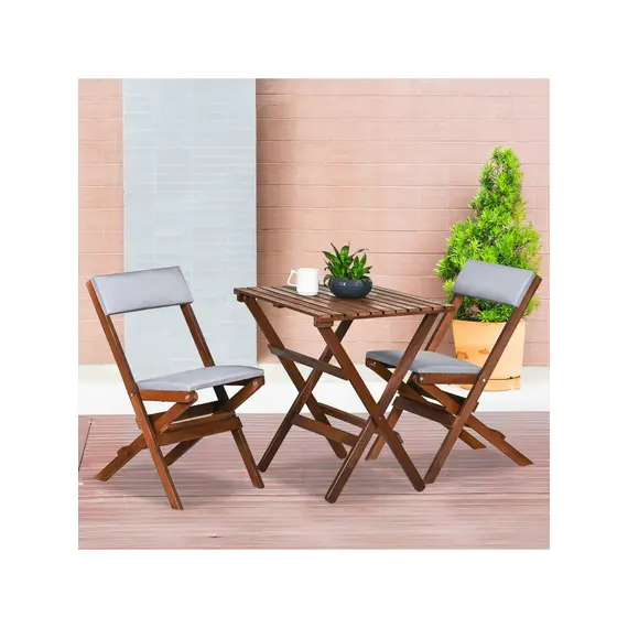 Bysay Ahşap Katlanır Döşeme Minderli 3 Lü Bistro Set Bahçe Takımı (Ceviz-Gri)