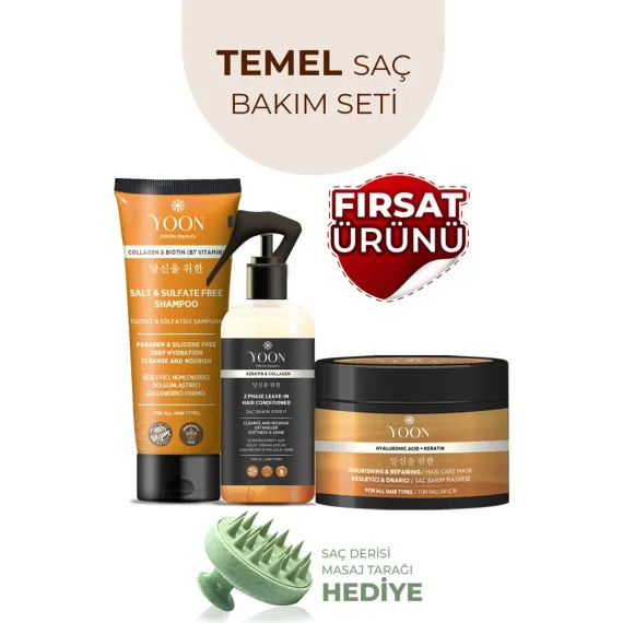 Yoon 3'lü Onarıcı Saç Bakım Seti, Tuzsuz Şampuan 250ML, Saç Bakım Spreyi 200ML, Saç Bakım Maskesi 250ML