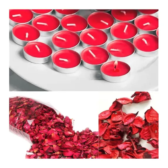 1000 Adet Kuru Gül Yaprağı + 25 Adet Kırmızı Tealight Mum Romantik Süsleme