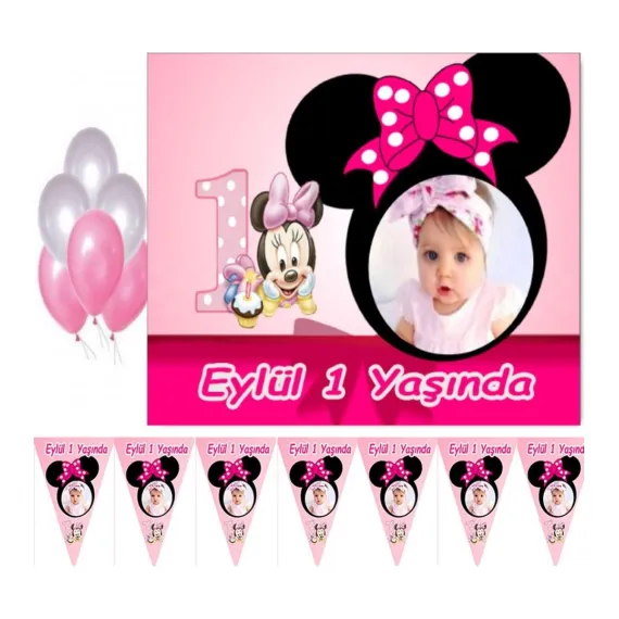 Minnie 1 Yaş Çocuğunuza Özel Fotoğraflı Afiş ve Flama Seti, Doğum Günü Süsleri 1 Yaş