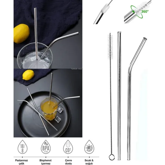 Paslanmaz Çelik 3 Parça Metal Pipet Seti + Temizleme Fırçası Meşrubat Pipeti