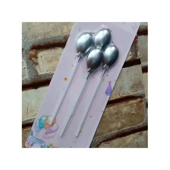 Vıp Kalite Parlak Metalik Gümüş Balonlu Pasta Mumu 4 Adet Gümüş Doğum Günü Mumu Silver Bırthday Candle