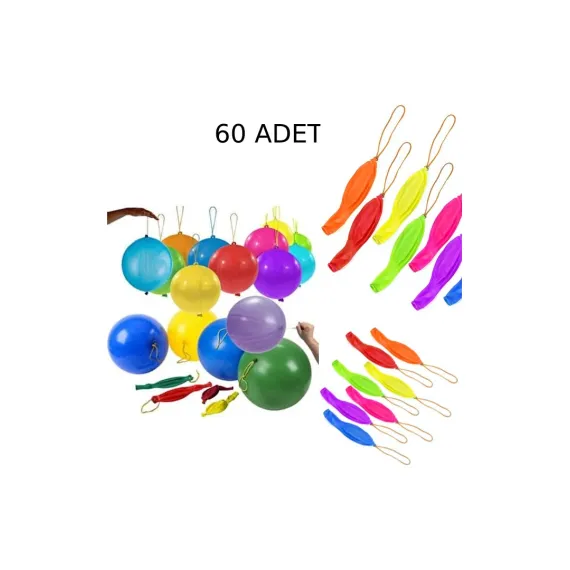 60 Adet Lastikli Zıpzıp Balon Ipli Punch Panç Büyük Balon