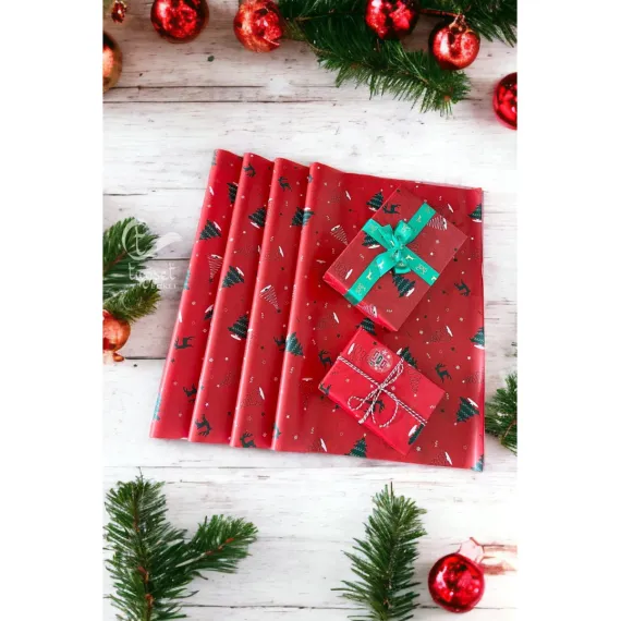 Yılbaşı Çam Geyik Desenli Pelur Kağıt , Kırmızı Yılbaşı Hediye Paketi, Pelur Kağıdı, Yeni Yıl Paketleme 10 ADET-T639