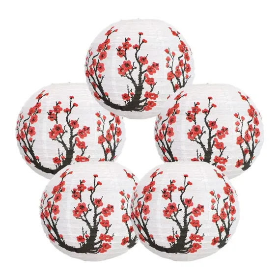 12 Inç Japon/çin Kağıt Fenerler (5'li Set, Kırmızı Sakura)  