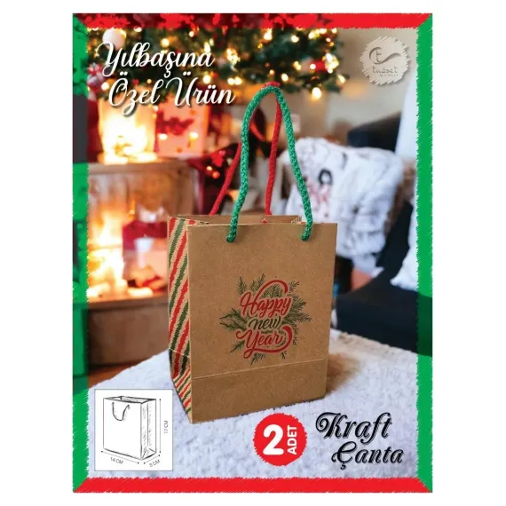 Kraft Karton Çanta Yılbaşı Desenli Hediye Paketi Çanta Poşet 2'li 14*17*8cm  Happy New Year BASKILI-T876