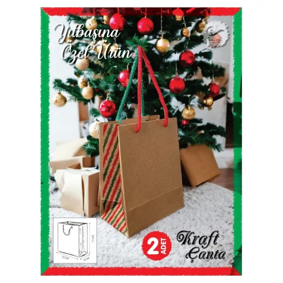 Kraft Karton Çanta Yılbaşı Desenli Hediye Paketi Çanta Poşet 2'li 14*17*8CM-T877