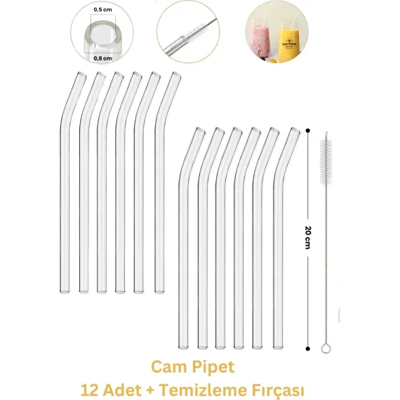 12 Adet Cam Pipet ve Pipet Temizleme Fırçası, Hijyenik Pipet, Sağlıklı Cam Pipet