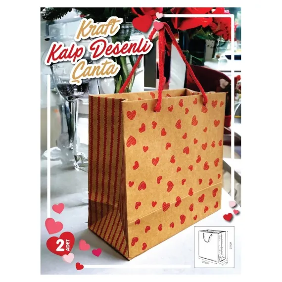 Kraft Karton Çanta Kırmızı Kalp Desenli Hediye Paketi Çanta Poşet 2'li 22*22*11CM -T889