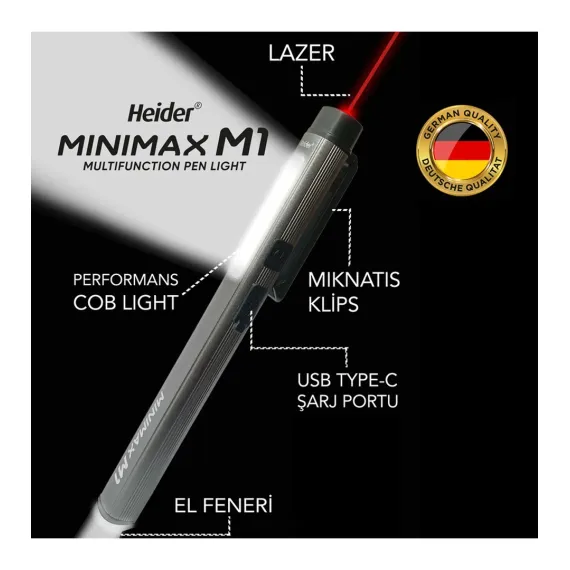 Minimax M1 (Yeni) Özel Metal Tasarım 3 Fonksiyonlu (Lazer + 50 M2 Gövde Lambası + El Feneri) Ce+Rohs Belgeli