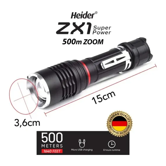 Zx1 (Yeni) 500M Mesafe 10 Watt Super Power Zoom El Feneri - Şarjlı - Heider XR-18650 Pro Pil Dahil - Ce ve Rohs Belgeli