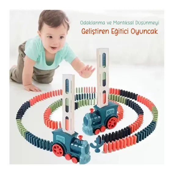 Baby - Işıklı Sesli Domino Tren - Otomatik Domino Dizilimi - Eğitici Oyuncak - Tren, 30 Domino Taşı ve Kaktüs - Mavi