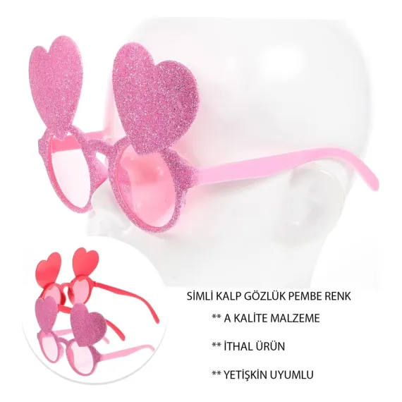 Pembe Renk Sim Işlenmiş Kalp Figürlü Parti Gözlüğü