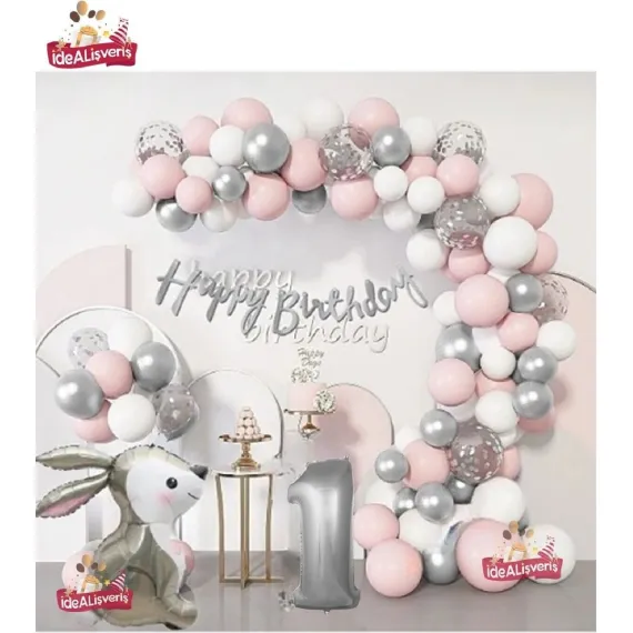 Gümüş Pembe Lüks 1 Yaş Tavşan Folyo Doğum Günü Süsü Doğum Günü Parti Balon Zincir Set