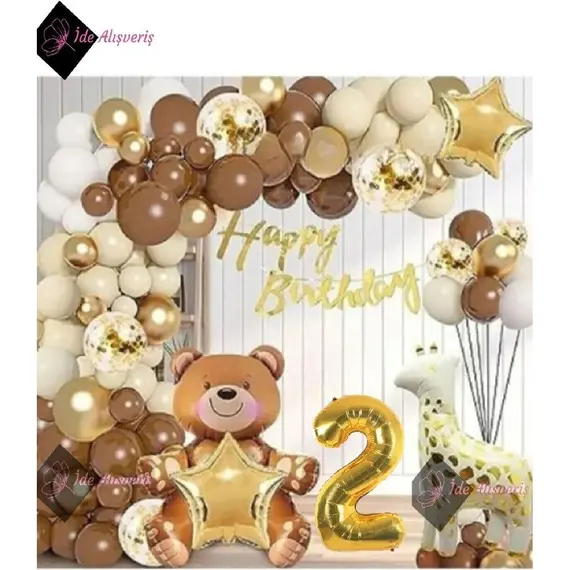Hayvan Temalı Folyo Balonlu Kahverengi 2 Yaş Doğum Günü Parti Seti Balon Seti